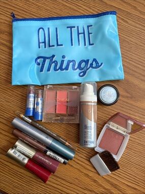 Assorted Makeup Essentials Kit with Aqua blue travel bag “All the things” 12 pc
